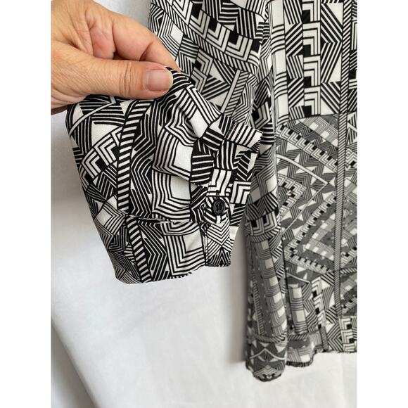 Spense Black & White Geometric Button Front Long Sleeve Blouse Tunic Medium - Picture 3 of 7